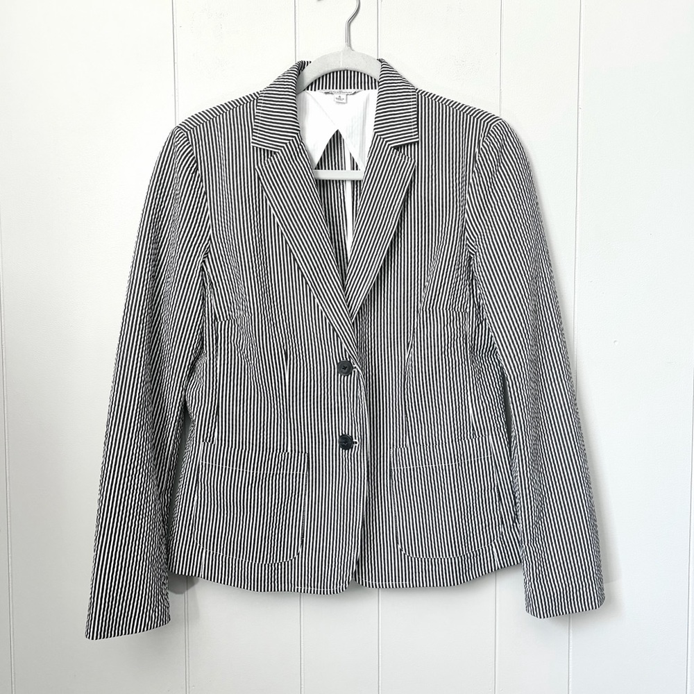 LLBean Signature Seersucker Blazer Charcoal Black White Womens Sz 6